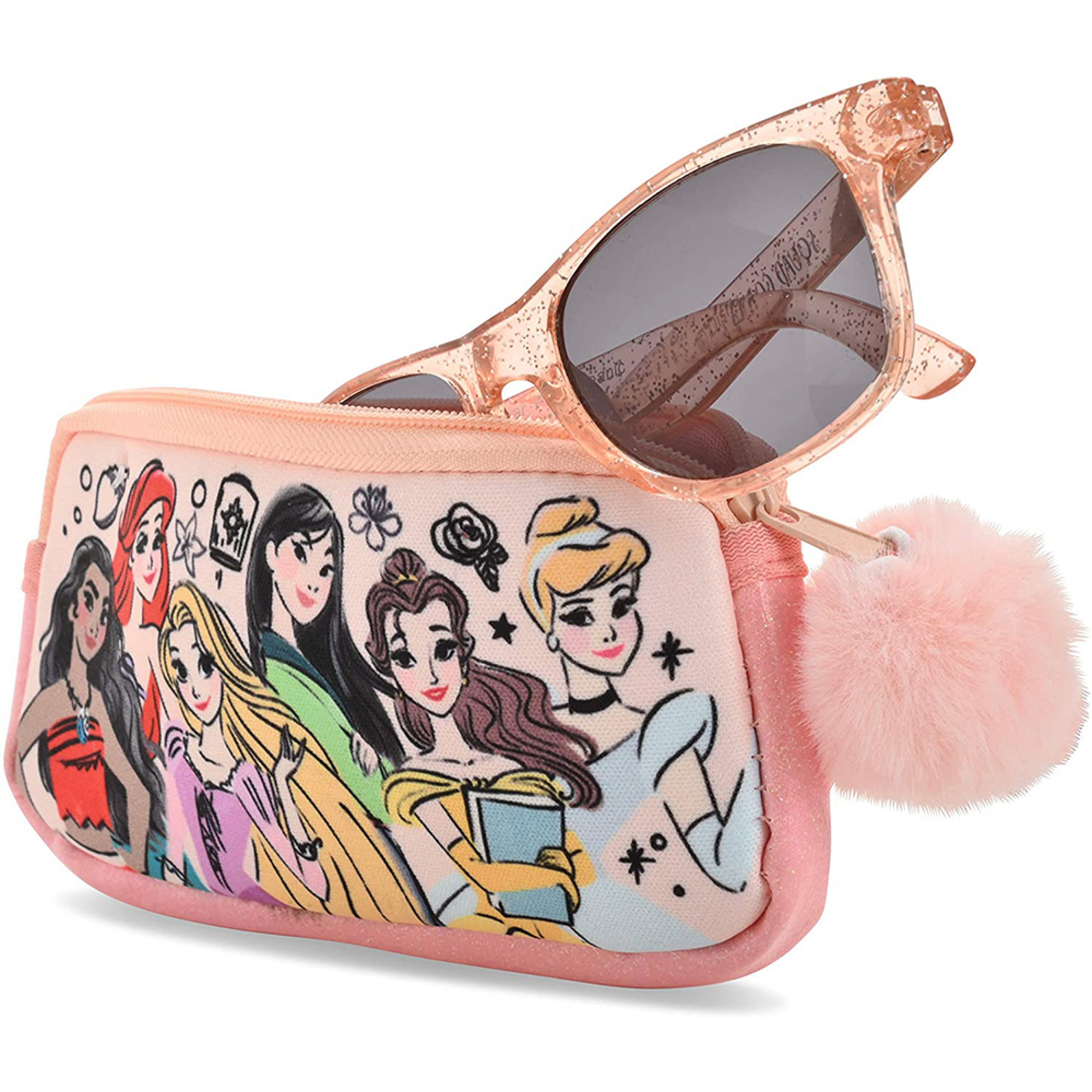 Disney Princesses Characters Girls Sunglasses w/ Pom Pom Pouch Set